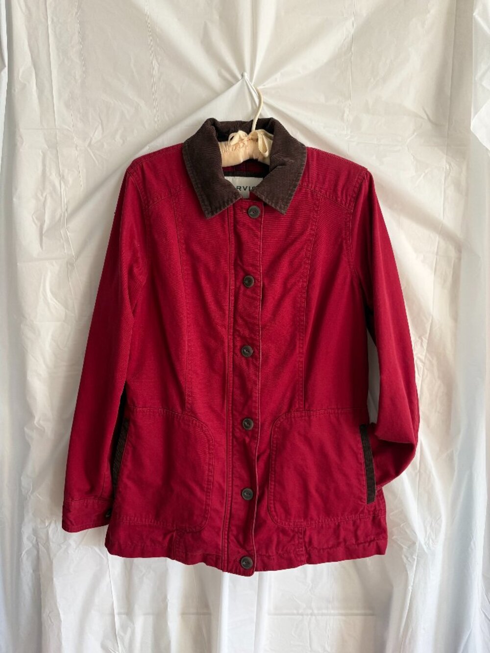 Orvis Barn Jacket Womens Extra Small Red Canvas Plaid Lined Corduroy Collar Fiel